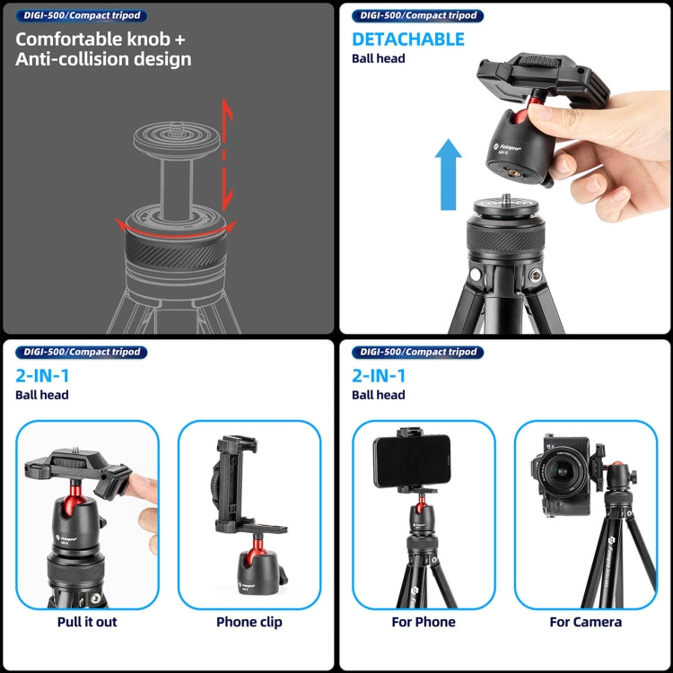 Fotopro DIGI-500 Camera Smartphone Tripod Holder with MH-8 Ballhead (Black) - Tripods by Fotopro | Online Shopping UK | buy2fix