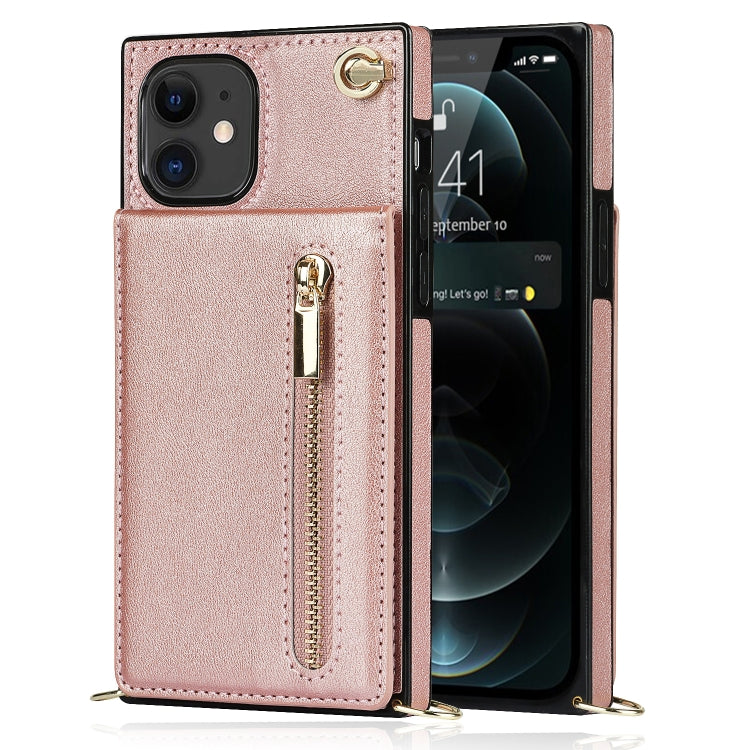 For iPhone 11 Cross-body Zipper Square TPU+PU Back Cover Case with Holder & Card Slots & Wallet & Strap (Rose Gold) - iPhone 11 Cases by buy2fix | Online Shopping UK | buy2fix