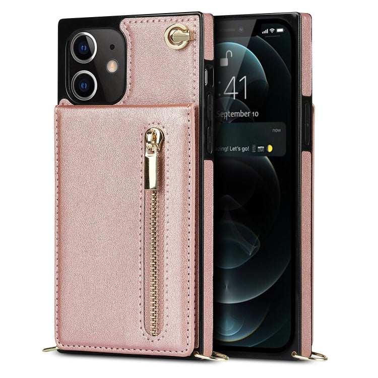 For iPhone 12 / 12 Pro Cross-body Zipper Square TPU+PU Back Cover Case with Holder & Card Slots & Wallet & Strap(Rose Gold) - iPhone 12 / 12 Pro Cases by buy2fix | Online Shopping UK | buy2fix