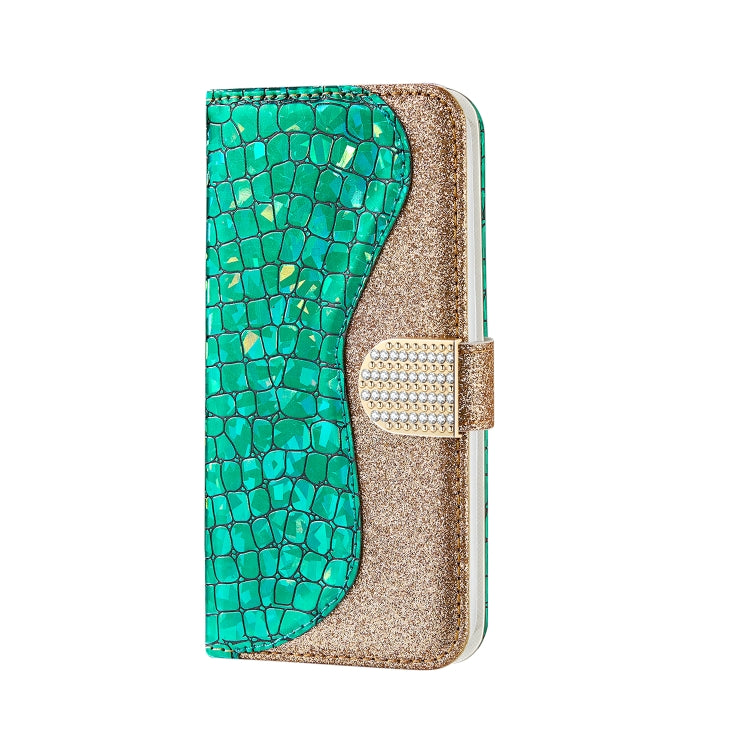 For iPhone 13 Laser Glitter Powder Matching Crocodile Texture Horizontal Flip Leather Case with Card Slots & Holder & Wallet(Green) - iPhone 13 Cases by buy2fix | Online Shopping UK | buy2fix