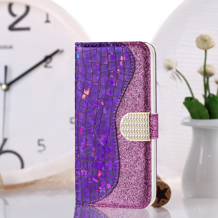 For iPhone 13 Laser Glitter Powder Matching Crocodile Texture Horizontal Flip Leather Case with Card Slots & Holder & Wallet(Purple) - iPhone 13 Cases by buy2fix | Online Shopping UK | buy2fix