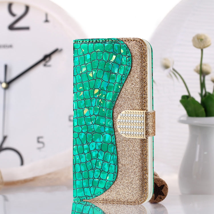 For iPhone 13 mini Laser Glitter Powder Matching Crocodile Texture Horizontal Flip Leather Case with Card Slots & Holder & Wallet (Green) - iPhone 13 mini Cases by buy2fix | Online Shopping UK | buy2fix