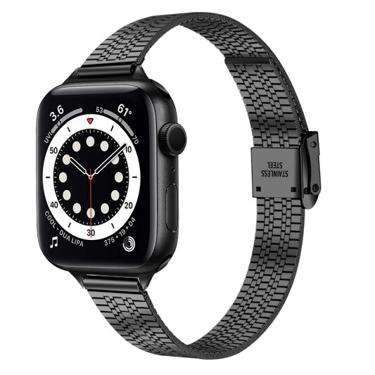 14mm Seven-beads Double Safety Buckle Slim Steel Watch Band For Apple Watch Series 9&8&7 41mm / SE 3&SE 2&6&SE&5&4 40mm / 3&2&1 38mm(Black) - Watch Bands by buy2fix | Online Shopping UK | buy2fix