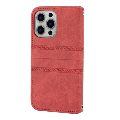 For iPhone 13 Pro Embossed Striped Magnetic Buckle PU + TPU Horizontal Flip Leather Case with Holder & Card Slot & Wallet & Photo Frame & Sling (Red) - iPhone 13 Pro Cases by buy2fix | Online Shopping UK | buy2fix