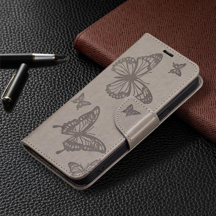 For iPhone 13 Embossing Two Butterflies Pattern Horizontal Flip PU Leather Case with Holder & Card Slot & Wallet & Lanyard(Grey) - iPhone 13 Cases by buy2fix | Online Shopping UK | buy2fix