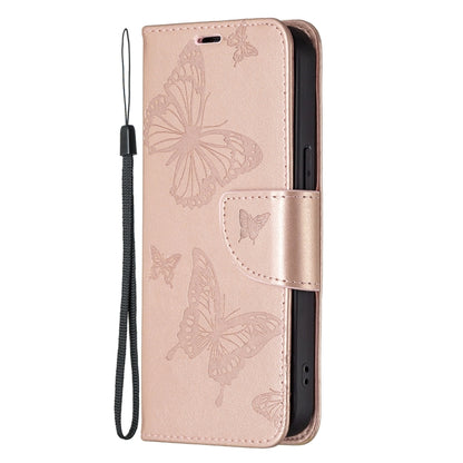 For iPhone 13 Pro Max Embossing Two Butterflies Pattern Horizontal Flip PU Leather Case with Holder & Card Slot & Wallet & Lanyard (Rose Gold) - iPhone 13 Pro Max Cases by buy2fix | Online Shopping UK | buy2fix