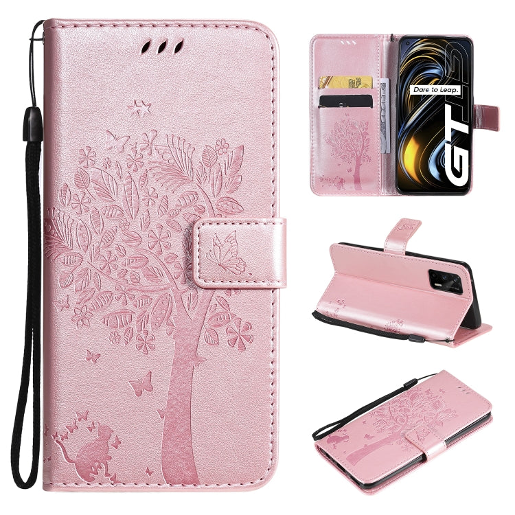 Tree & Cat Pattern Pressed Printing Horizontal Flip PU Leather Case with Holder & Card Slots & Wallet & Lanyard For OPPO Realme GT 5G(Rose Gold) - Realme Cases by buy2fix | Online Shopping UK | buy2fix