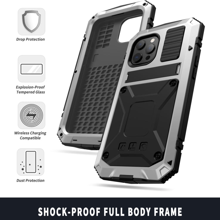 For iPhone 13 Pro R-JUST Shockproof Waterproof Dust-proof Metal + Silicone Protective Case with Holder (Silver) - iPhone 13 Pro Cases by R-JUST | Online Shopping UK | buy2fix