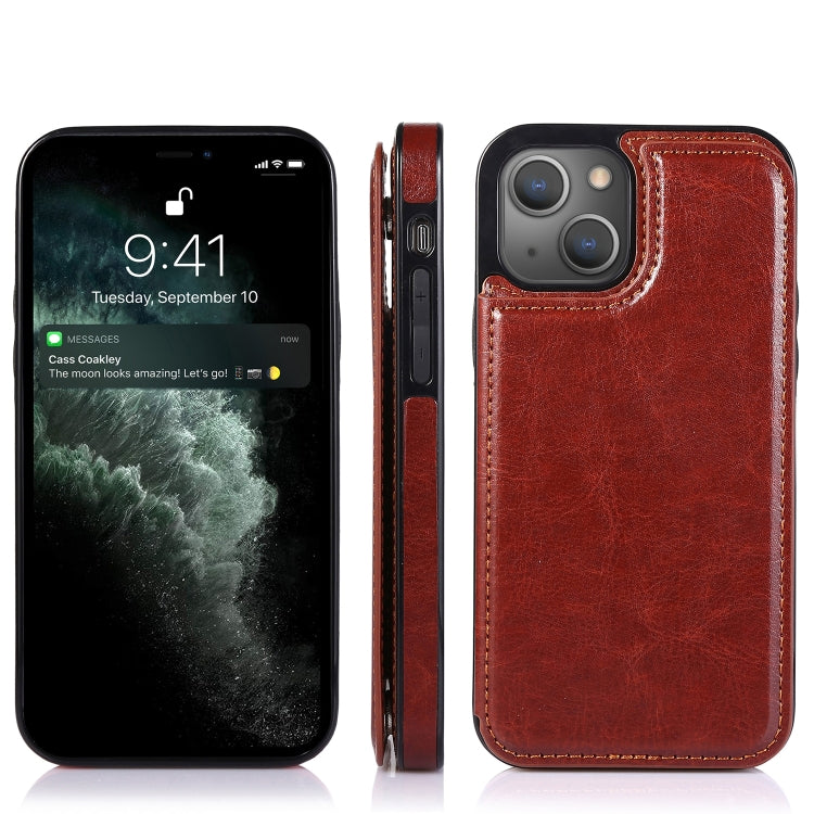 For iPhone 13 Double Buckle Shockproof PU Protective Case with Card Slots & Holder(Brown) - iPhone 13 Cases by buy2fix | Online Shopping UK | buy2fix