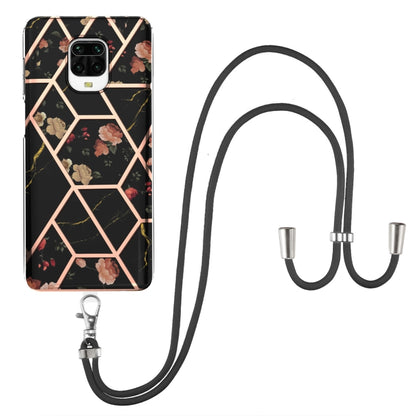 For Xiaomi Redmi Note 9S / Note 9 Pro Electroplating Splicing Marble Flower Pattern TPU Shockproof Case with Lanyard(Black Flower) - Xiaomi Cases by buy2fix | Online Shopping UK | buy2fix