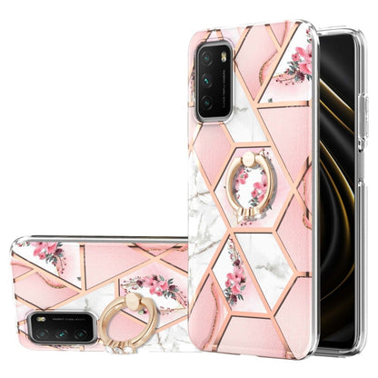 For Xiaomi Poco M3 / Redmi Note 9 4G / Redmi 9 Power / Redmi 9T Electroplating Splicing Marble Flower Pattern TPU Shockproof Case with Rhinestone Ring Holder(Pink Flower) - Xiaomi Cases by buy2fix | Online Shopping UK | buy2fix