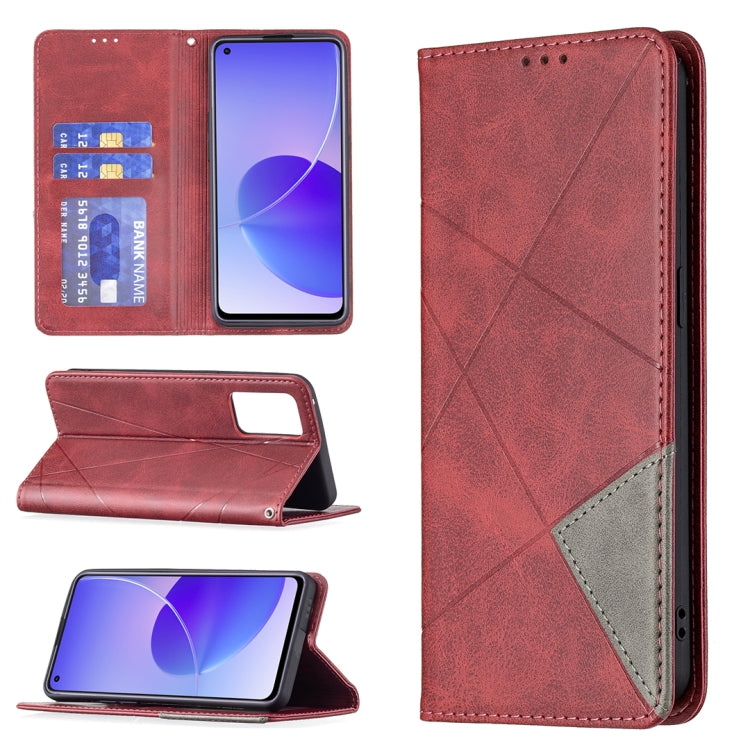 For OPPO Reno6 Rhombus Texture Horizontal Flip Magnetic Leather Case with Holder & Card Slots(Red) - OPPO Cases by buy2fix | Online Shopping UK | buy2fix