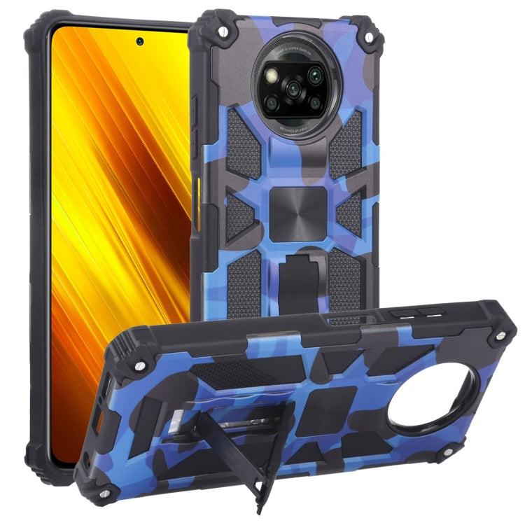 For Xiaomi Poco X3 NFC Camouflage Armor Shockproof TPU + PC Magnetic Protective Case with Holder(Blue) - Xiaomi Cases by buy2fix | Online Shopping UK | buy2fix