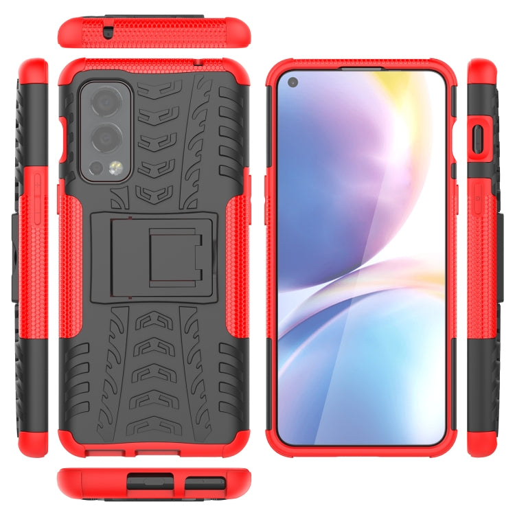 For OnePlus Nord 2 5G Tire Texture Shockproof TPU+PC Protective Case with Holder(Red) - OnePlus Cases by buy2fix | Online Shopping UK | buy2fix