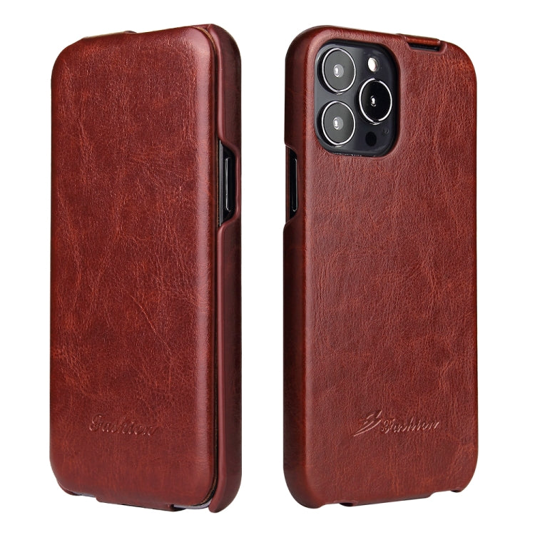 For iPhone 13 Pro Fierre Shann Retro Oil Wax Texture Vertical Flip PU Leather Case (Brown) - iPhone 13 Pro Cases by FIERRE SHANN | Online Shopping UK | buy2fix