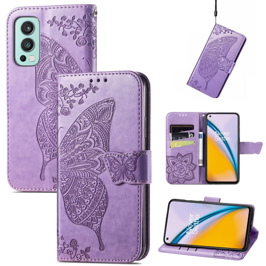 Butterfly Love Flowers Embossed Horizontal Flip Leather Case with Holder & Card Slots & Wallet & Lanyard For OnePlus Nord 2 5G(Light Purple) - OnePlus Cases by buy2fix | Online Shopping UK | buy2fix