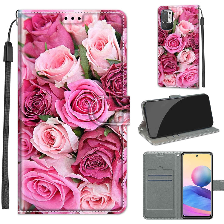 Voltage Coloured Drawing Magnetic Clasp Horizontal Flip PU Leather Case with Holder & Card Slots For Xiaomi Redmi Note 10 5G(C17 Green Leaf Pink Rose) - Xiaomi Cases by buy2fix | Online Shopping UK | buy2fix