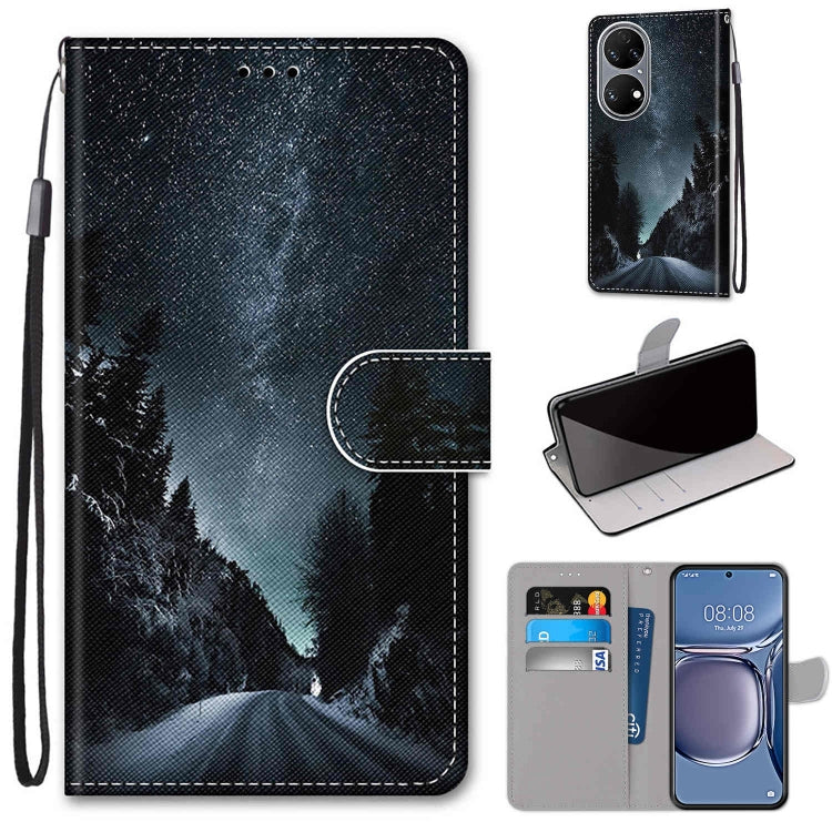 For Huawei P50 Coloured Drawing Cross Texture Horizontal Flip PU Leather Case with Holder & Card Slots & Wallet & Lanyard(Mountain Road Starry Sky) - Huawei Cases by buy2fix | Online Shopping UK | buy2fix