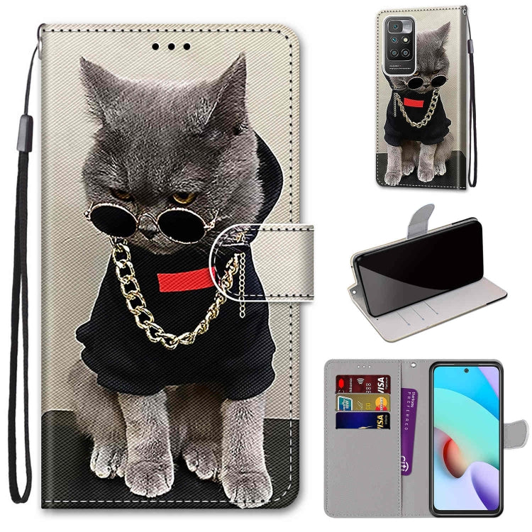 For Xiaomi Redmi 10 Coloured Drawing Cross Texture Horizontal Flip PU Leather Case with Holder & Card Slots & Wallet & Lanyard(Golden Chain Grey Cat) - Xiaomi Cases by buy2fix | Online Shopping UK | buy2fix