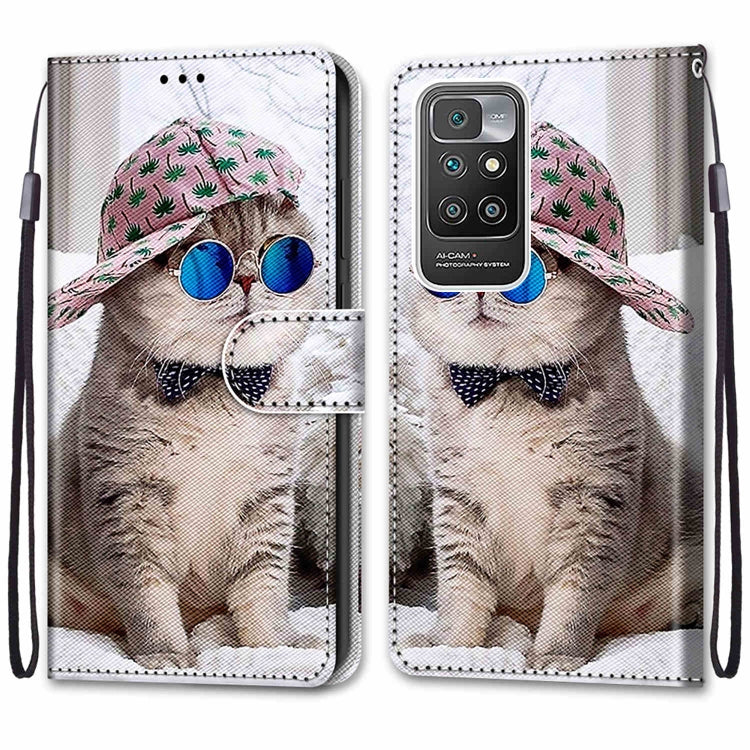 For Xiaomi Redmi 10 Coloured Drawing Cross Texture Horizontal Flip PU Leather Case with Holder & Card Slots & Wallet & Lanyard(Slant Hat Blue Mirror Cat) - Xiaomi Cases by buy2fix | Online Shopping UK | buy2fix