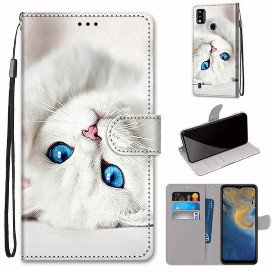 For ZTE Blade A51 Coloured Drawing Cross Texture Horizontal Flip PU Leather Case with Holder & Card Slots & Wallet & Lanyard(White Kitten) - ZTE Cases by buy2fix | Online Shopping UK | buy2fix