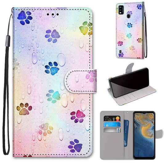 For ZTE Blade A51 Coloured Drawing Cross Texture Horizontal Flip PU Leather Case with Holder & Card Slots & Wallet & Lanyard(Footprint Water Drops) - ZTE Cases by buy2fix | Online Shopping UK | buy2fix