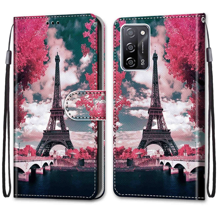 For OPPO A55 5G / A54 4G / A53s 5G / A16 4G Coloured Drawing Cross Texture Horizontal Flip PU Leather Case with Holder & Card Slots & Wallet & Lanyard(Pink Flower Tower Bridge) - OPPO Cases by buy2fix | Online Shopping UK | buy2fix