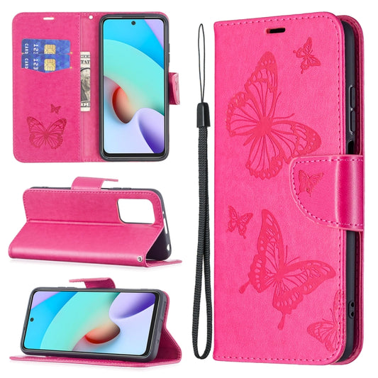 For Xiaomi Redmi 10 Two Butterflies Embossing Pattern Horizontal Flip Leather Case with Holder & Card Slot & Wallet & Lanyard(Rose Red) - Xiaomi Cases by buy2fix | Online Shopping UK | buy2fix