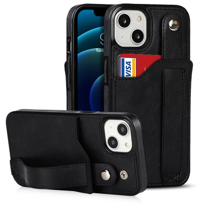 For iPhone 13 Crazy Horse Texture Shockproof TPU + PU Leather Case with Card Slot & Wrist Strap Holder(Black) - iPhone 13 Cases by buy2fix | Online Shopping UK | buy2fix