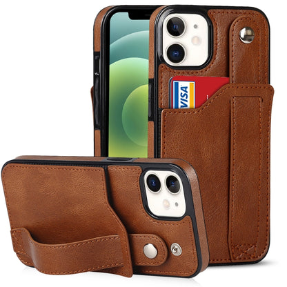 For iPhone 12 mini Crazy Horse Texture Shockproof TPU + PU Leather Case with Card Slot & Wrist Strap Holder (Brown) - iPhone 12 mini Cases by buy2fix | Online Shopping UK | buy2fix