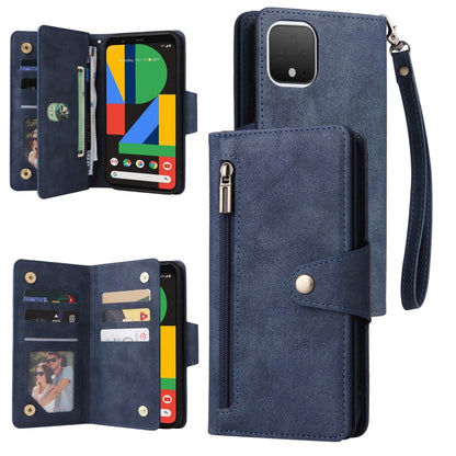 For Google Pixel 4 Rivet Buckle 9 Cards Three Fold Leather Phone Case(Blue) - Google Cases by buy2fix | Online Shopping UK | buy2fix