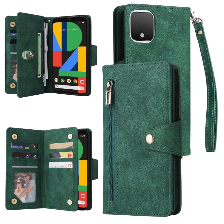 For Google Pixel 4 Rivet Buckle 9 Cards Three Fold Leather Phone Case(Green) - Google Cases by buy2fix | Online Shopping UK | buy2fix