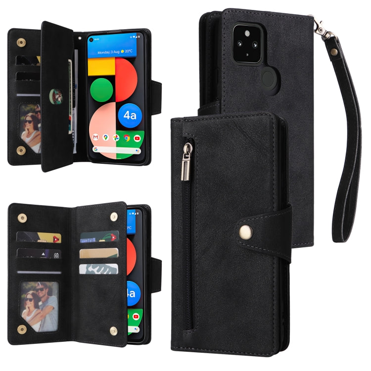 For Google Pixel 4A 5G Rivet Buckle 9 Cards Three Fold Leather Phone Case(Black) - Google Cases by buy2fix | Online Shopping UK | buy2fix