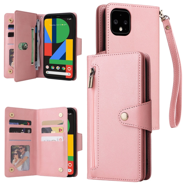 For Google Pixel 4 XL Rivet Buckle 9 Cards Three Fold Leather Phone Case(Rose Gold) - Google Cases by buy2fix | Online Shopping UK | buy2fix