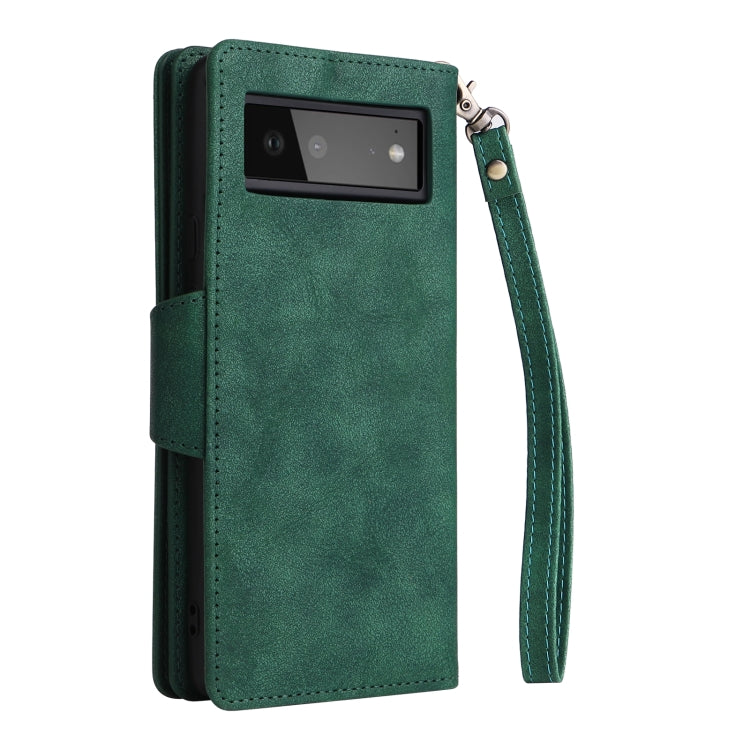 For Google Pixel 6 Rivet Buckle 9 Cards Three Fold Leather Phone Case(Green) - Google Cases by buy2fix | Online Shopping UK | buy2fix