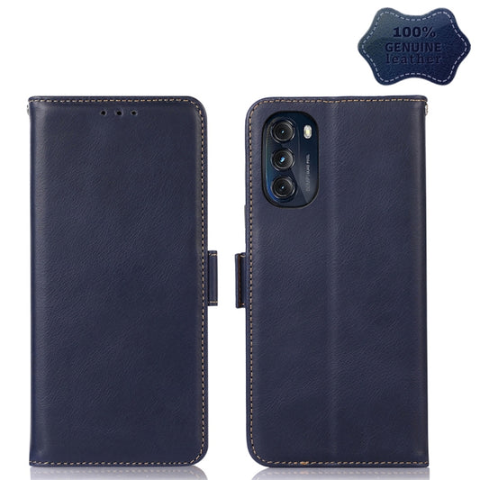 For Motorola Moto G 2022 5G Crazy Horse Top Layer Cowhide Leather Phone Case(Blue) - Motorola Cases by buy2fix | Online Shopping UK | buy2fix