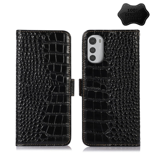 For Motorola Moto E32 4G Crocodile Top Layer Cowhide Leather Phone Case(Black) - Motorola Cases by buy2fix | Online Shopping UK | buy2fix