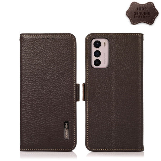 For Motorola Moto G42 KHAZNEH Side-Magnetic Litchi Genuine Leather RFID Phone Case(Brown) - Motorola Cases by buy2fix | Online Shopping UK | buy2fix