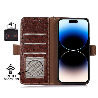 For iPhone SE 2024 Ostrich Pattern Genuine Leather RFID Phone Case(Coffee) - More iPhone Cases by buy2fix | Online Shopping UK | buy2fix