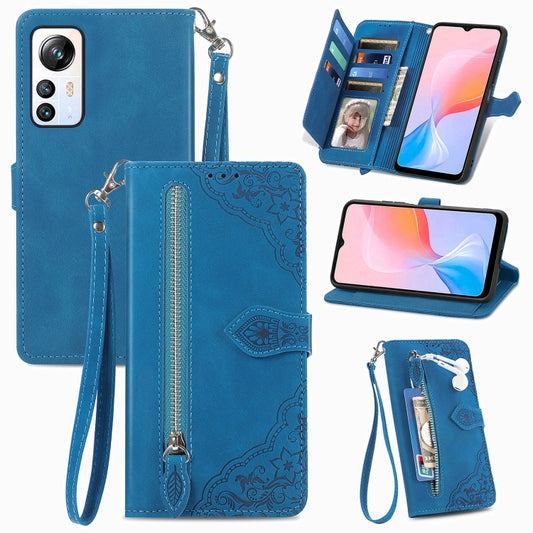 For Blackview A85 Embossed Flower Zipper Leather Phone Case(Blue) - More Brand by buy2fix | Online Shopping UK | buy2fix