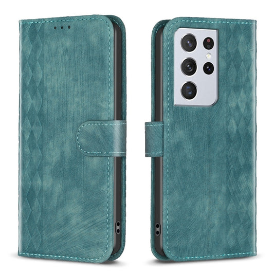 For Samsung Galaxy S21 Ultra 5G Plaid Embossed Leather Phone Case(Green) - Galaxy S21 Ultra 5G Cases by buy2fix | Online Shopping UK | buy2fix