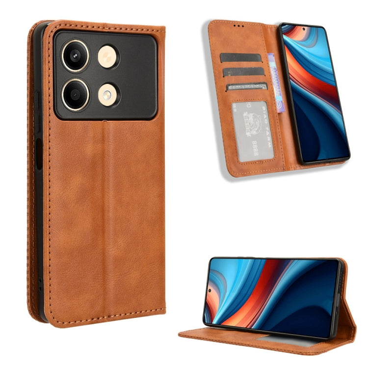 For Xiaomi Redmi Note 13R Pro 5G Magnetic Buckle Retro Texture Leather Phone Case(Brown) - Xiaomi Cases by buy2fix | Online Shopping UK | buy2fix