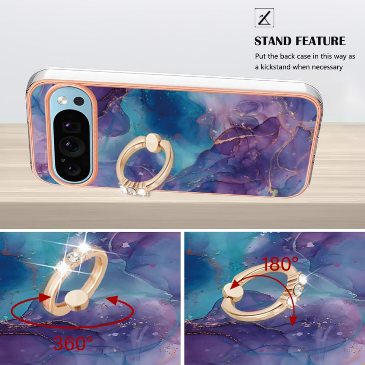 For Google Pixel 9 / 9 Pro Electroplating Marble Dual-side IMD Phone Case with Ring(Purple 016) - Google Cases by buy2fix | Online Shopping UK | buy2fix