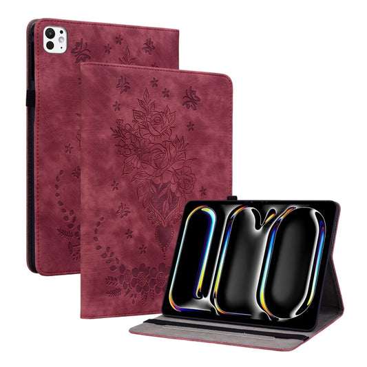 For iPad Pro 11 2024 Butterfly Rose Embossed Leather Smart Tablet Case(Red) - iPad Pro 11 2024 Cases by buy2fix | Online Shopping UK | buy2fix