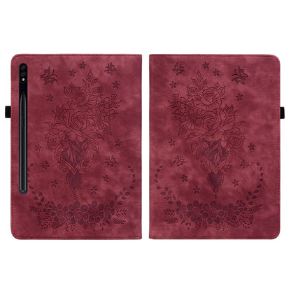 For Samsung Galaxy Tab S9 Butterfly Rose Embossed Leather Tablet Case(Red) - Galaxy Tab S9 Cases by buy2fix | Online Shopping UK | buy2fix