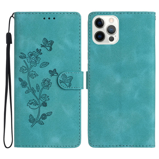 For iPhone 16 Pro Flower Butterfly Embossing Pattern Leather Phone Case(Sky Blue) - iPhone 16 Pro Cases by buy2fix | Online Shopping UK | buy2fix