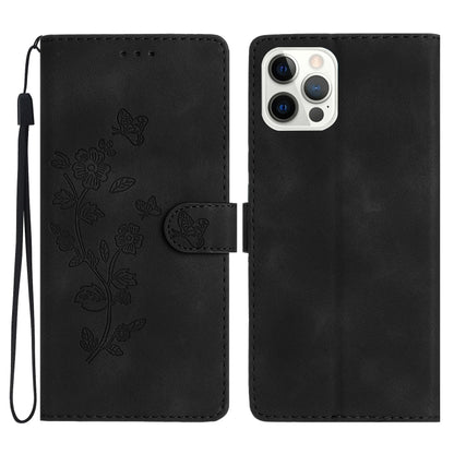 For iPhone 16 Pro Flower Butterfly Embossing Pattern Leather Phone Case(Black) - iPhone 16 Pro Cases by buy2fix | Online Shopping UK | buy2fix