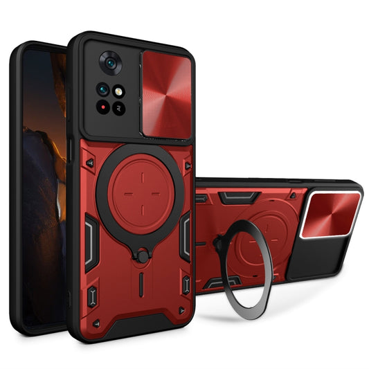 For Xiaomi Poco M4 Pro 4G CD Texture Sliding Camshield Magnetic Holder Phone Case(Red) - Xiaomi Cases by buy2fix | Online Shopping UK | buy2fix