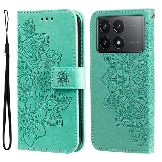 For Xiaomi Redmi K70E 7-petal Flowers Embossing Leather Phone Case(Green) - K70E Cases by buy2fix | Online Shopping UK | buy2fix