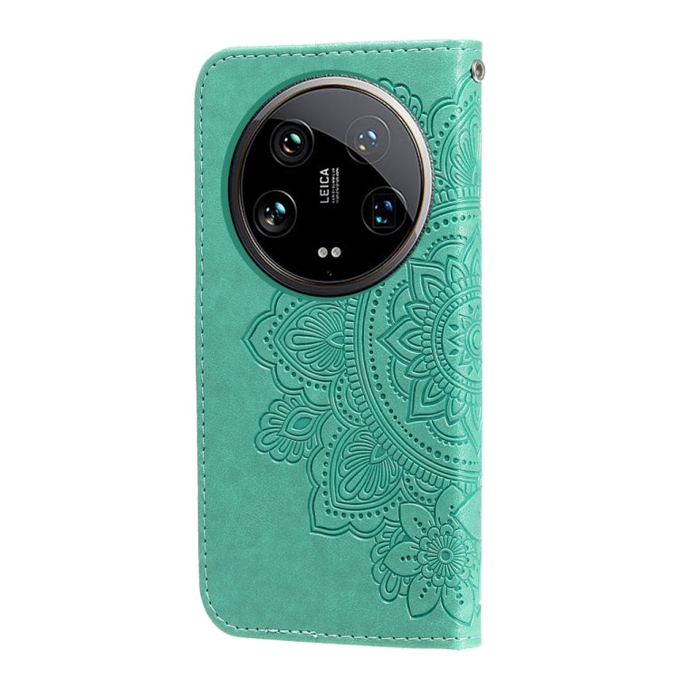 For Xiaomi 14 Ultra 7-petal Flowers Embossing Leather Phone Case(Green) - 14 Ultra Cases by buy2fix | Online Shopping UK | buy2fix